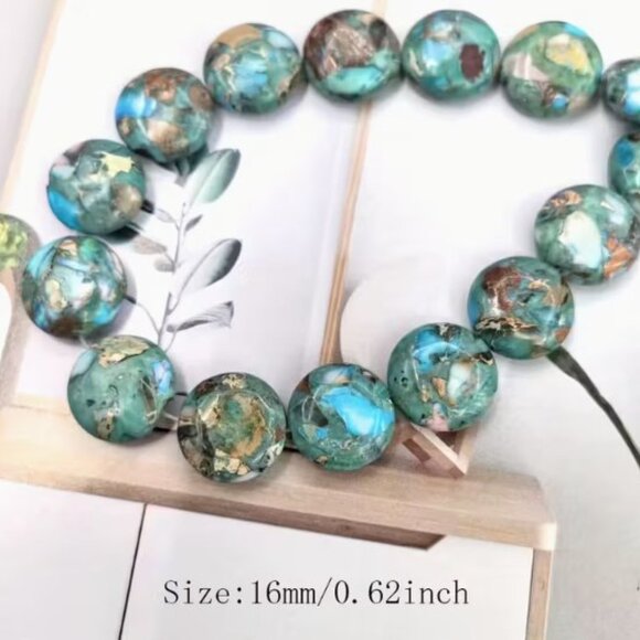  Turquoise Blue Emperor Pine Two tone Bohemian Round   16mm  12 Beads - Picture 2 of 2